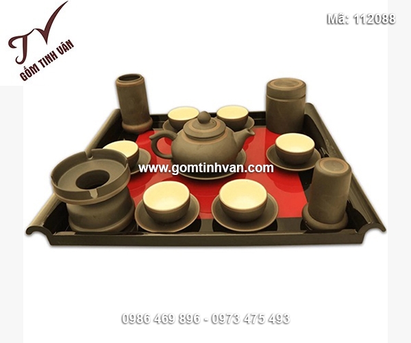 Bộ ấm chén gốm tử sa dáng dẹt đầy đủ phụ kiện - 112088