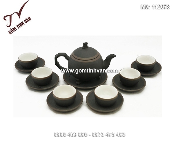 Bộ ấm chén gốm tử sa dáng tròn chỉ nâu - 112078