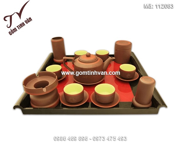 Bộ ấm chén gốm tử sa dáng vuông đầy đủ phụ kiện - 112083