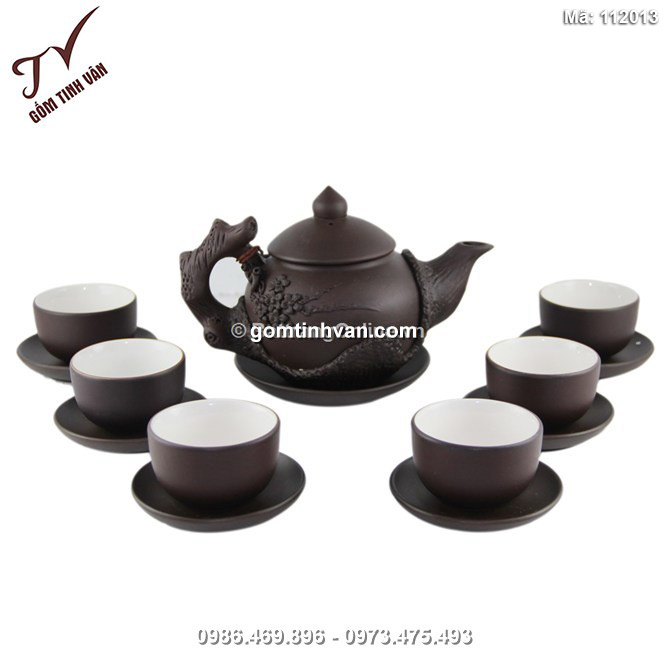 Bộ ấm tử sa đắp nổi hoa mai - lòng trắng - 112013