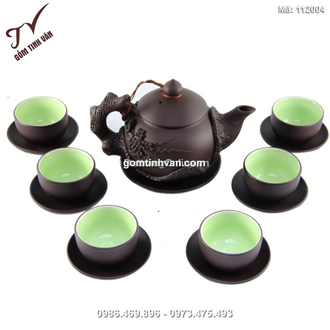 Bộ ấm tử sa đắp nổi hoa mai - lòng xanh - 112004