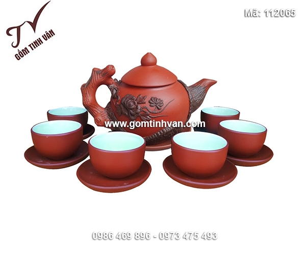 Bộ ấm chén tử sa đắp nổi hoa mẫu đơn - 112065