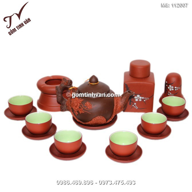 Bộ ấm tử sa phù dung - men đen đắp nổi - đầy đủ phụ kiện - 112007