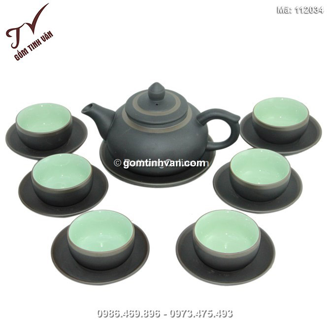 Bộ ấm chén tử sa đen chi bạc - Dáng chóp, lòng chén xanh - 112034