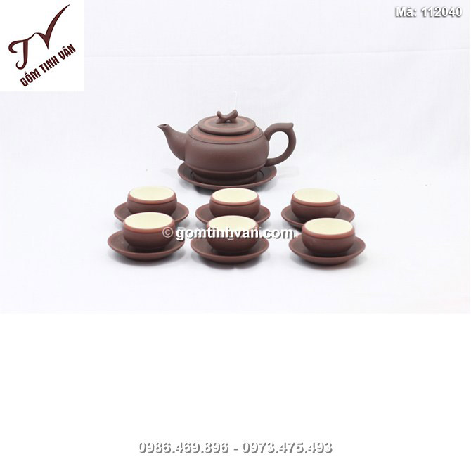 Bộ ấm chén tử sa nâu chỉ đỏ - lòng trắng - 112040