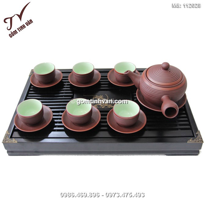 Bộ ấm chén gốm tử sa ngấn nâu đỏ và khay - 112028