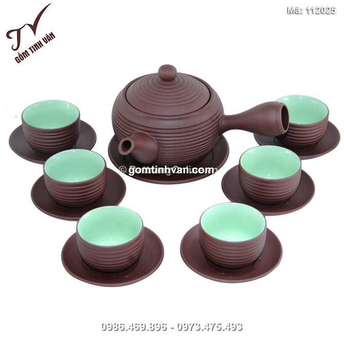 Bộ ấm chén gốm tử sa ngấn nâu - tay ngang - lòng xanh - 112025