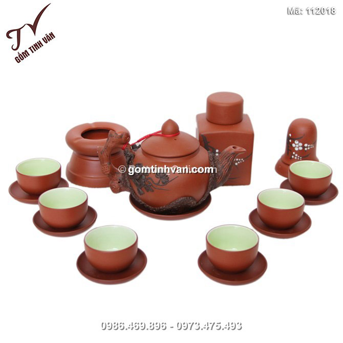 Bộ ấm tử sa phù dung đắp nổi - đầy đủ phụ kiện - 112018