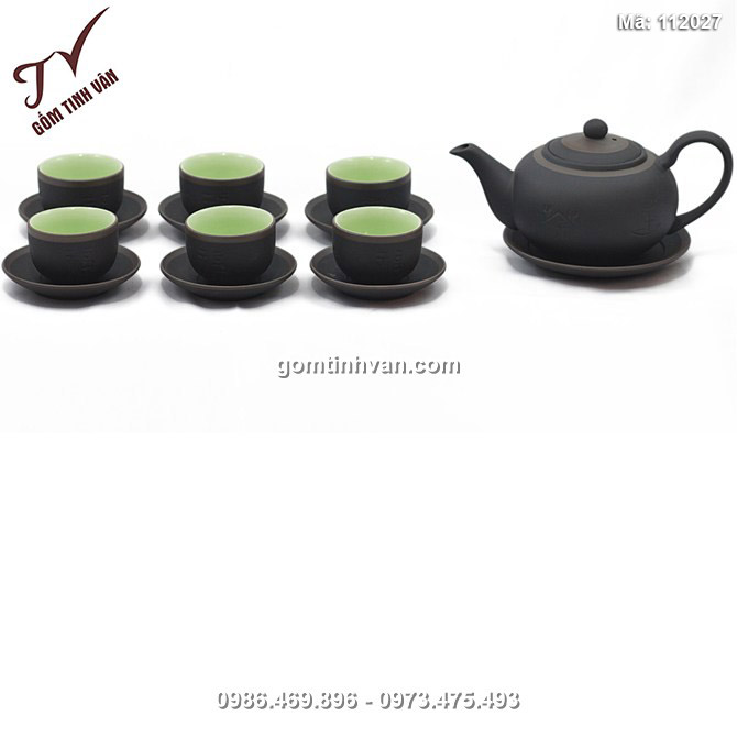 Bộ ấm chén tử sa Phúc Lộc Thọ - chỉ nâu - lòng xanh - 112027