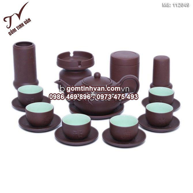 Bộ ấm chén phúc lộc thọ dáng chuông - men nâu - lòng xanh - đủ phụ kiện - 112049