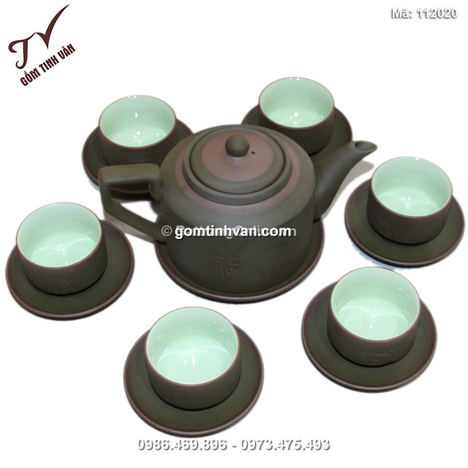 Bộ ấm tử sa phúc lộc thọ - men rêu - vai vuông - lòng xanh - 112020