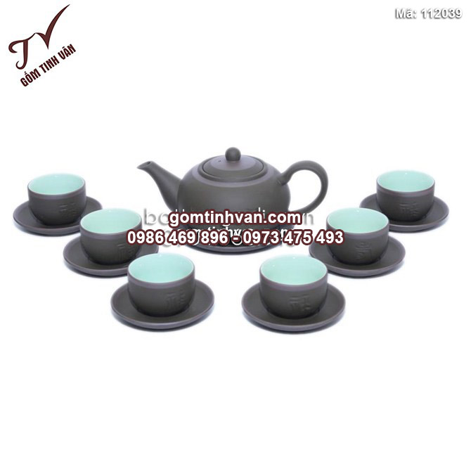 Bộ ấm chén gốm phúc lộc thọ - xanh rêu - chỉ bạc - lòng xanh - 112039