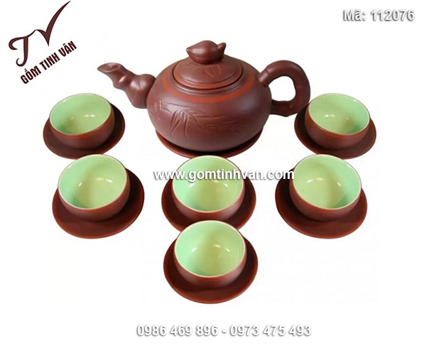 Bộ ấm chén gốm tử sa trúc đào chỉ hồng - 112076