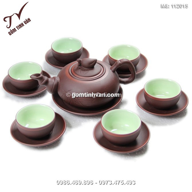 Bộ ấm tử sa trúc đào - men nâu - chỉ đỏ - lòng xanh - 112015