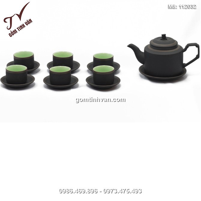 Bộ ấm chén gốm vai vuông - men đen - chỉ bạc - lòng xanh - 112032