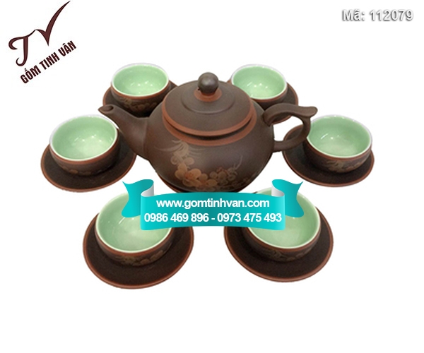 Bộ ấm chén gốm tử sa vẽ đào chỉ nâu - 112079