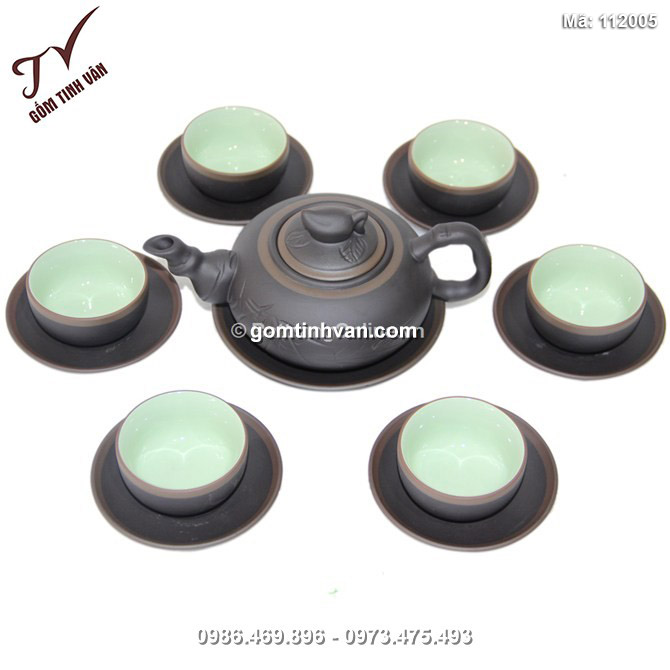 Bộ ấm chén gốm Bát Tràng trúc đào chỉ bạc lòng xanh - 112005