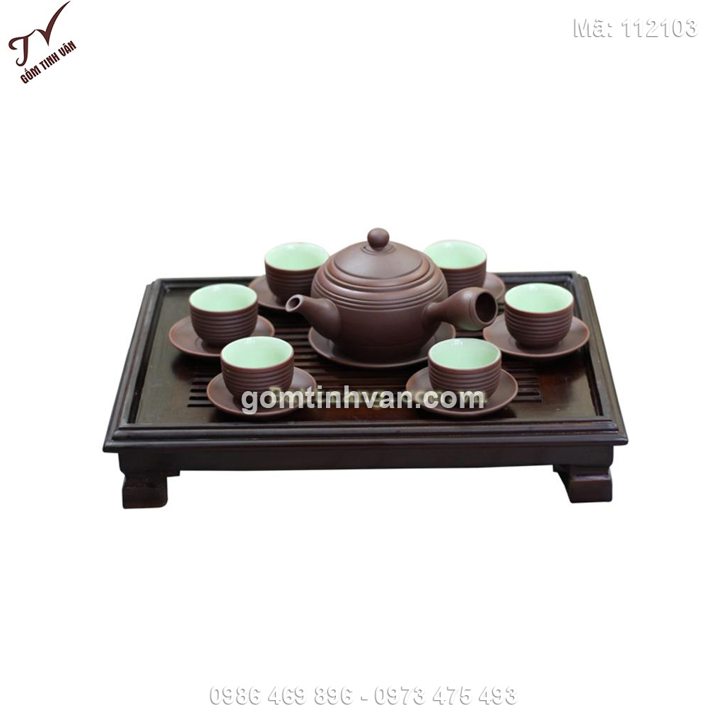 Bộ ấm chén tay ngang chỉ đỏ kèm khay - 112103