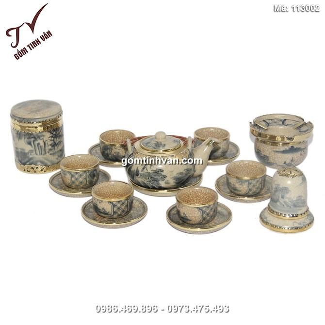 Bộ ấm chén dáng nhật - đầy đủ phụ kiện - men rạn cổ bọc đồng - 113002