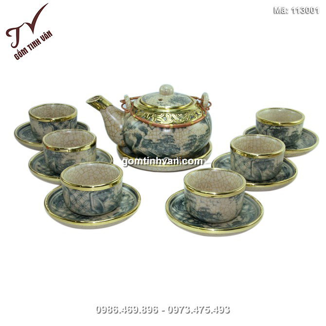 Bộ ấm chén dáng Nhật - men rạn cổ bọc đồng - 113001