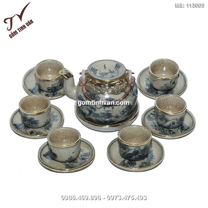 Bộ ấm chén - men rạn cổ bọc đồng - 113005