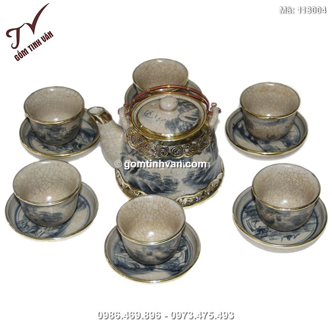 Bộ ấm chén vuốt - men rạn cổ bọc đồng - 113004