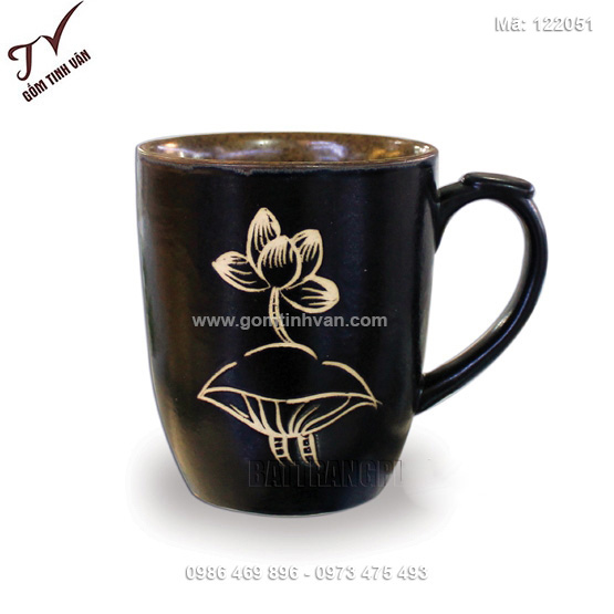 Cốc sứ cafe men gốm màu đen khắc hoa sen - 122051