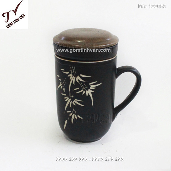 Cốc sứ uống trà có nắp men gốm - 122053