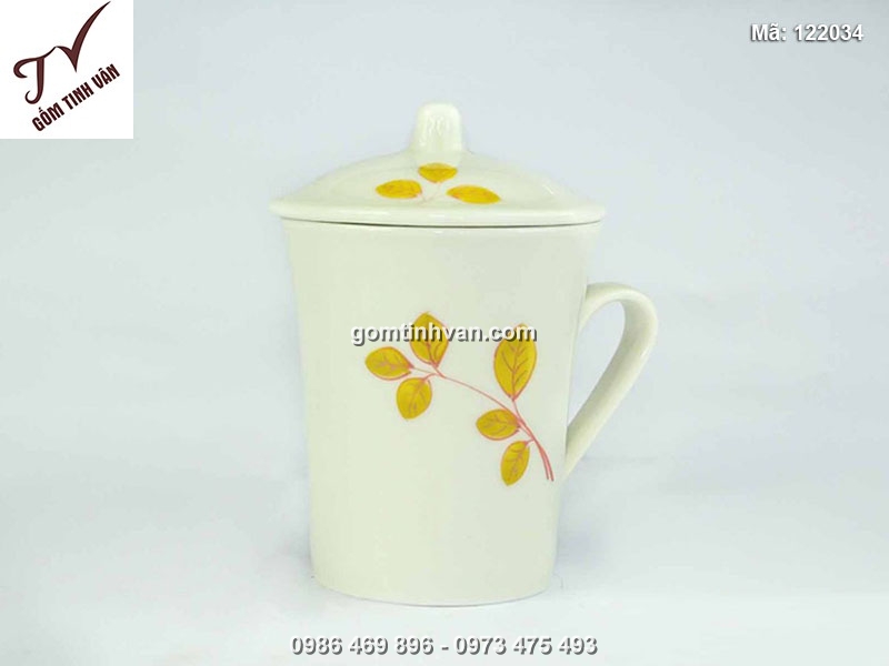 Ly sứ trắng có nắp vẽ lá - 122034