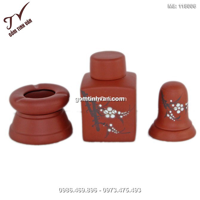 Bộ phụ kiện gốm - gạt tàn - lọ chè - ống tăm - màu đỏ - 118006