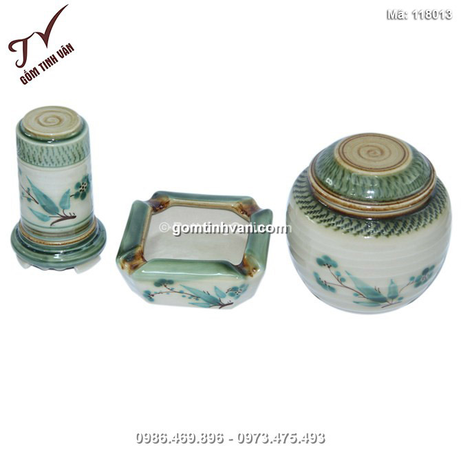 Bộ phụ kiện ấm chén hoa lá xanh - gạt tàn - lọ đựng chè - ống tăm - 118013