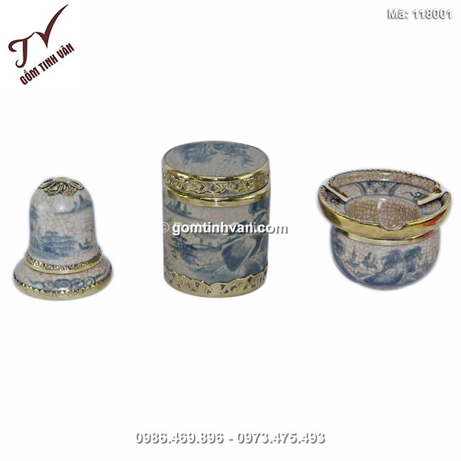 Bộ phụ kiện gốm - gạt tàn - lọ chè tròn - ống tăm - men rạn  - 118001