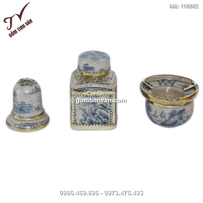 Bộ phụ kiện gốm - gạt tàn - lọ chè vuông - ống tăm - men rạn - 118002