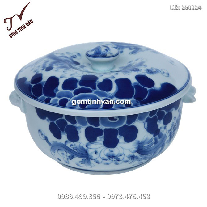 Âu đựng đồ ăn - Vẽ sen - men xanh lam - 250024