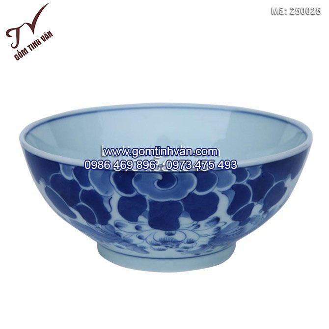 Bát cơm vẽ sen - men xanh lam - 250025