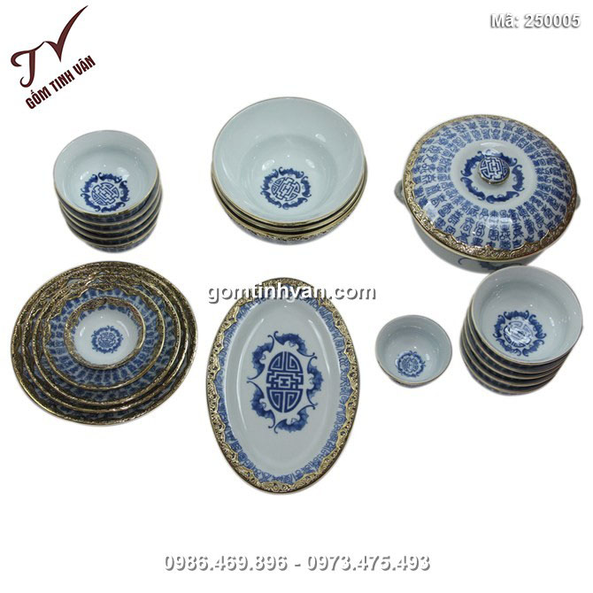 Bộ đồ ăn bách phúc - men lam cổ - bọc đồng - 250005