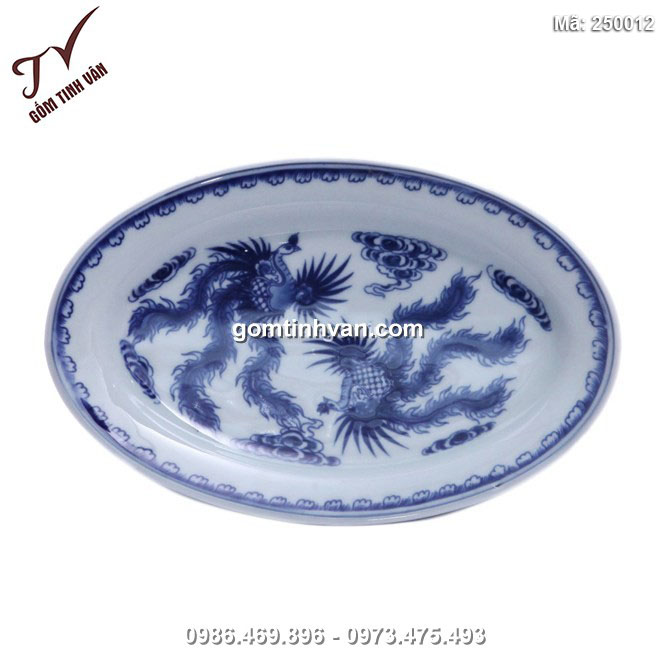 Đĩa bầu dục đựng đồ ăn vẽ Phượng - men xanh lam - dài 30 cm - rộng 20 cm - 250012