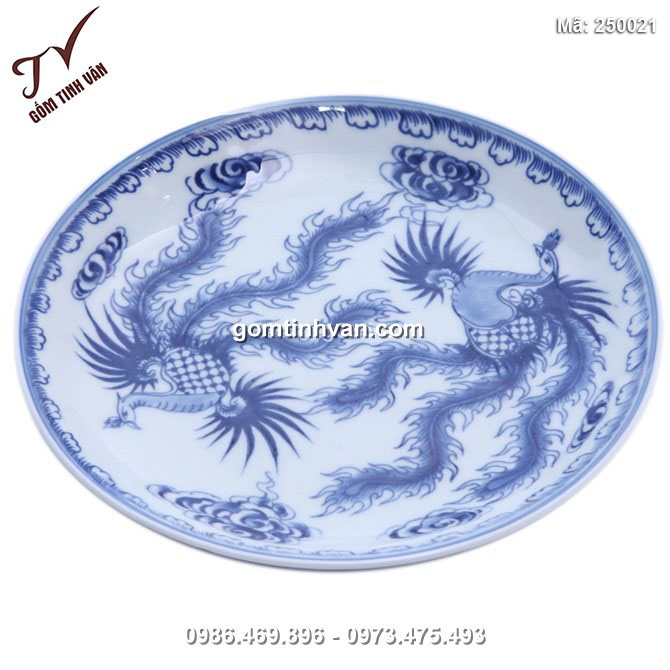 Đĩa đựng đồ ăn vẽ phượng - men xanh lam đường kính 22 cm- 250021