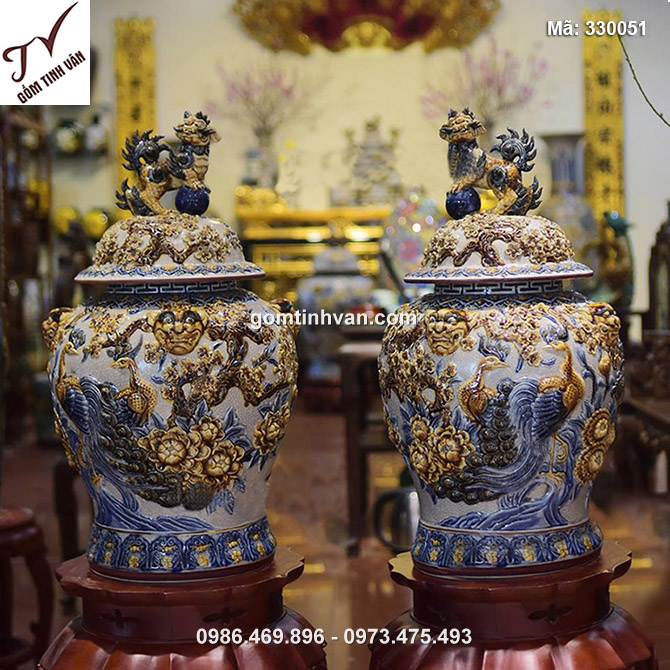 Chóe công hoa đắp nổi men rạn cổ cao 57cm 20 lít - 330051