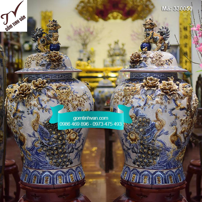 Chóe công hoa đắp nổi men rạn cổ cao 80cm 60 lít - 330050