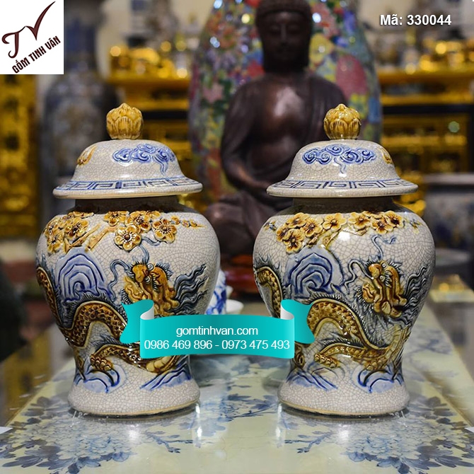 Chóe cúng rồng đào đắp nổi men rạn cổ cao 21cm - 330044