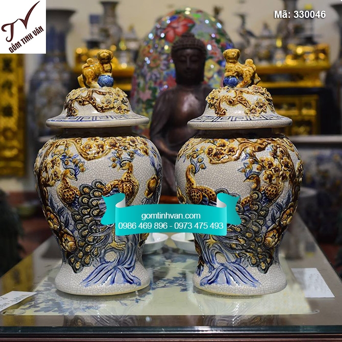 Chóe cúng công đào đắp nổi men rạn cổ cao 28cm - 330046