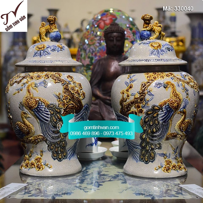 Chóe cúng công đào đắp nổi men rạn cổ cao 30cm - 330040