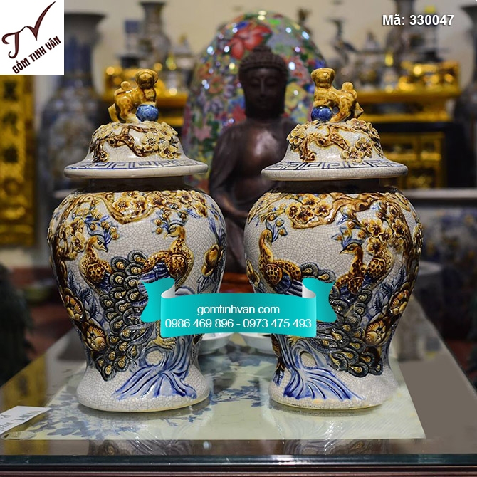 Chóe cúng công đào đắp nổi men rạn cổ cao 30cm - 330047