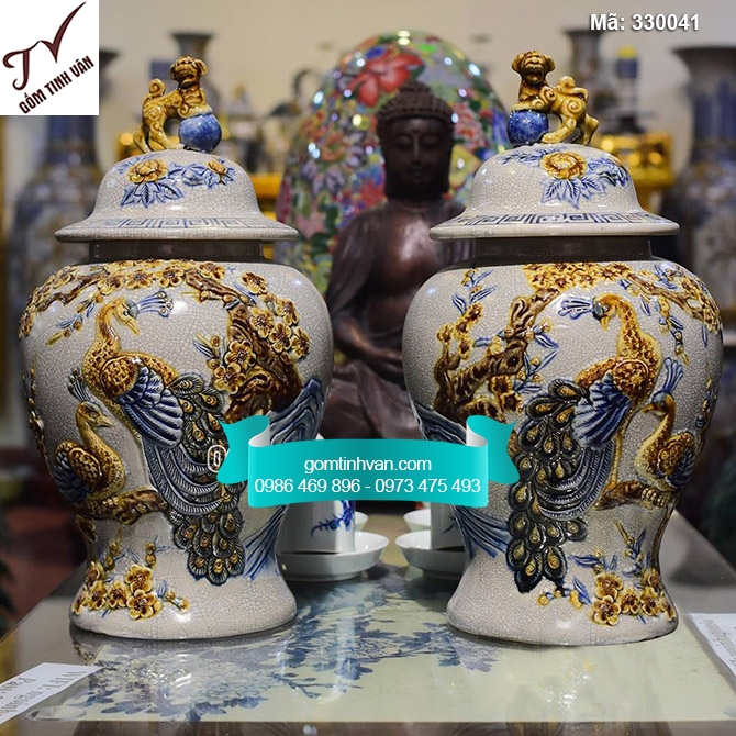 Chóe cúng công đào đắp nổi men rạn cổ cao 32cm - 330041