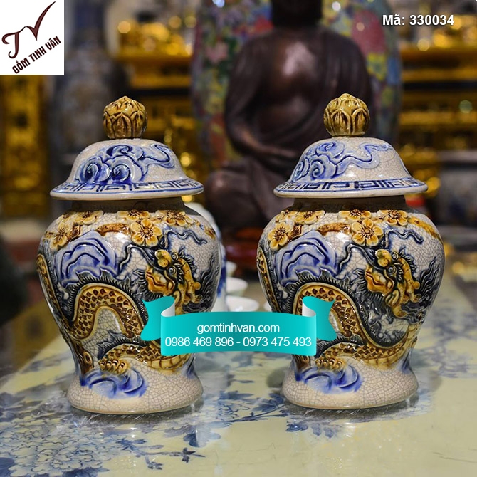 Chóe cúng rồng đào đắp nổi men rạn cổ cao 21cm - 330034