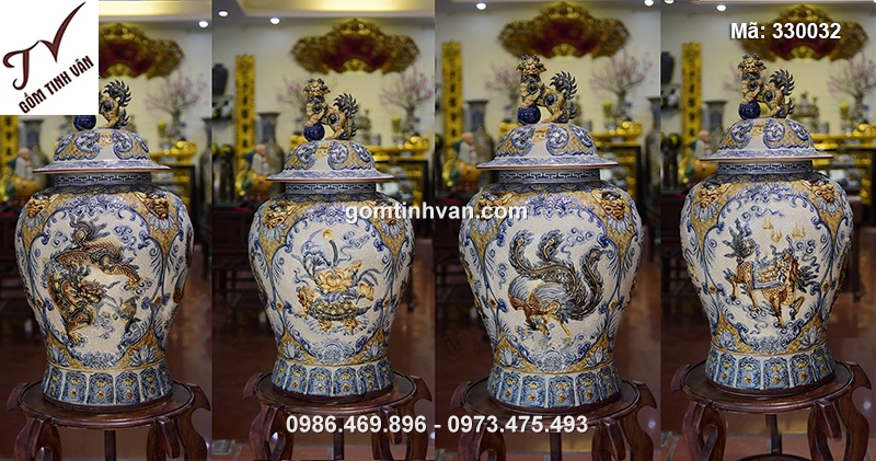 Chóe tứ linh đắp nổi men rạn cổ cao 80cm 60 lít - 330032