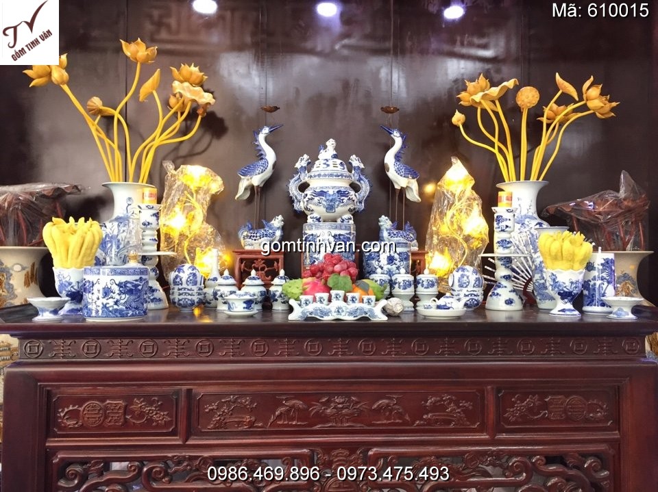 Bộ đồ thờ cúng men xanh vẽ rồng gốm sứ bát tràng - 640015