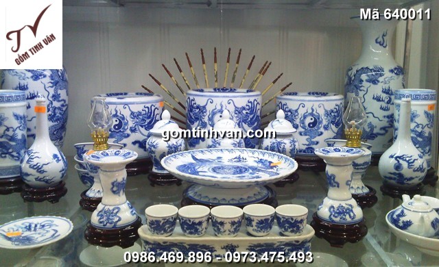 Bộ đồ thờ men lam vẽ rồng gốm sứ bát tràng - 640011