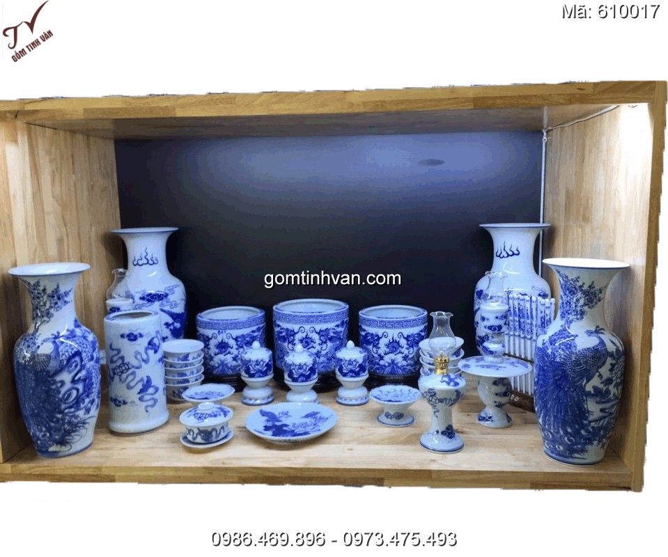 Đồ thờ cúng men lam vẽ rồng gốm sứ bát tràng - 640017